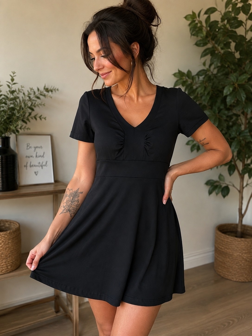 5/25$ Black V-Neck Short Sleeve Fit-and-Flare Midi Dress
